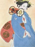 Japanese Shikishi Art Board Painting Vtg Geisha Geiko Drum Performance A653