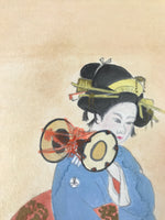 Japanese Shikishi Art Board Painting Vtg Geisha Geiko Drum Performance A653