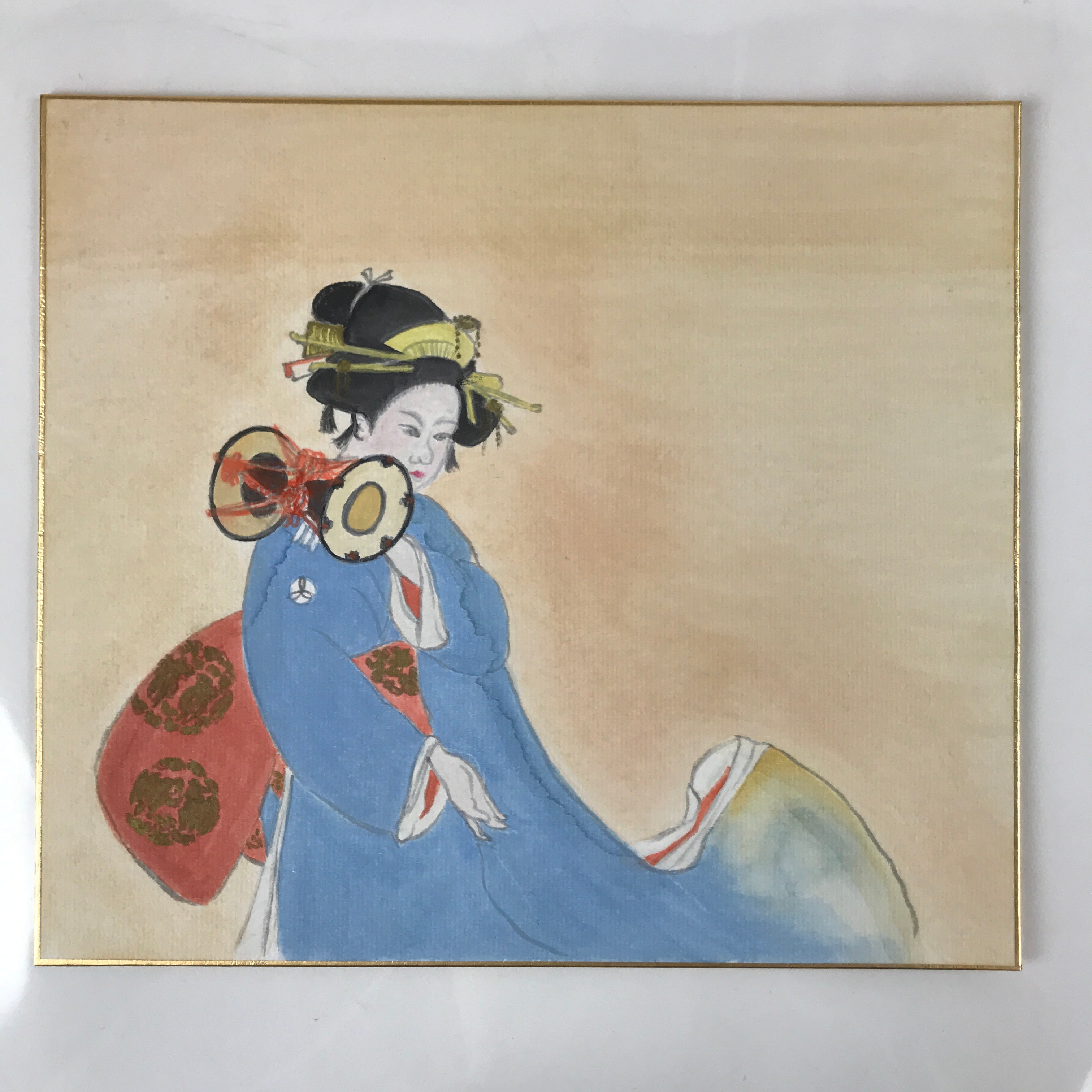 Japanese Shikishi Art Board Painting Vtg Geisha Geiko Drum Performance A653