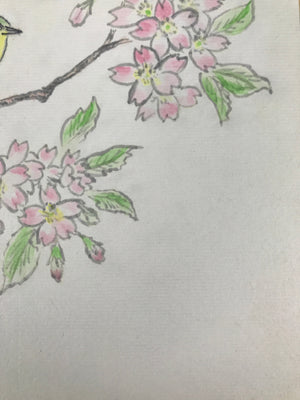 Japanese Shikishi Art Board Painting Vtg Green Bird Cherry Blossoms Sakura A656