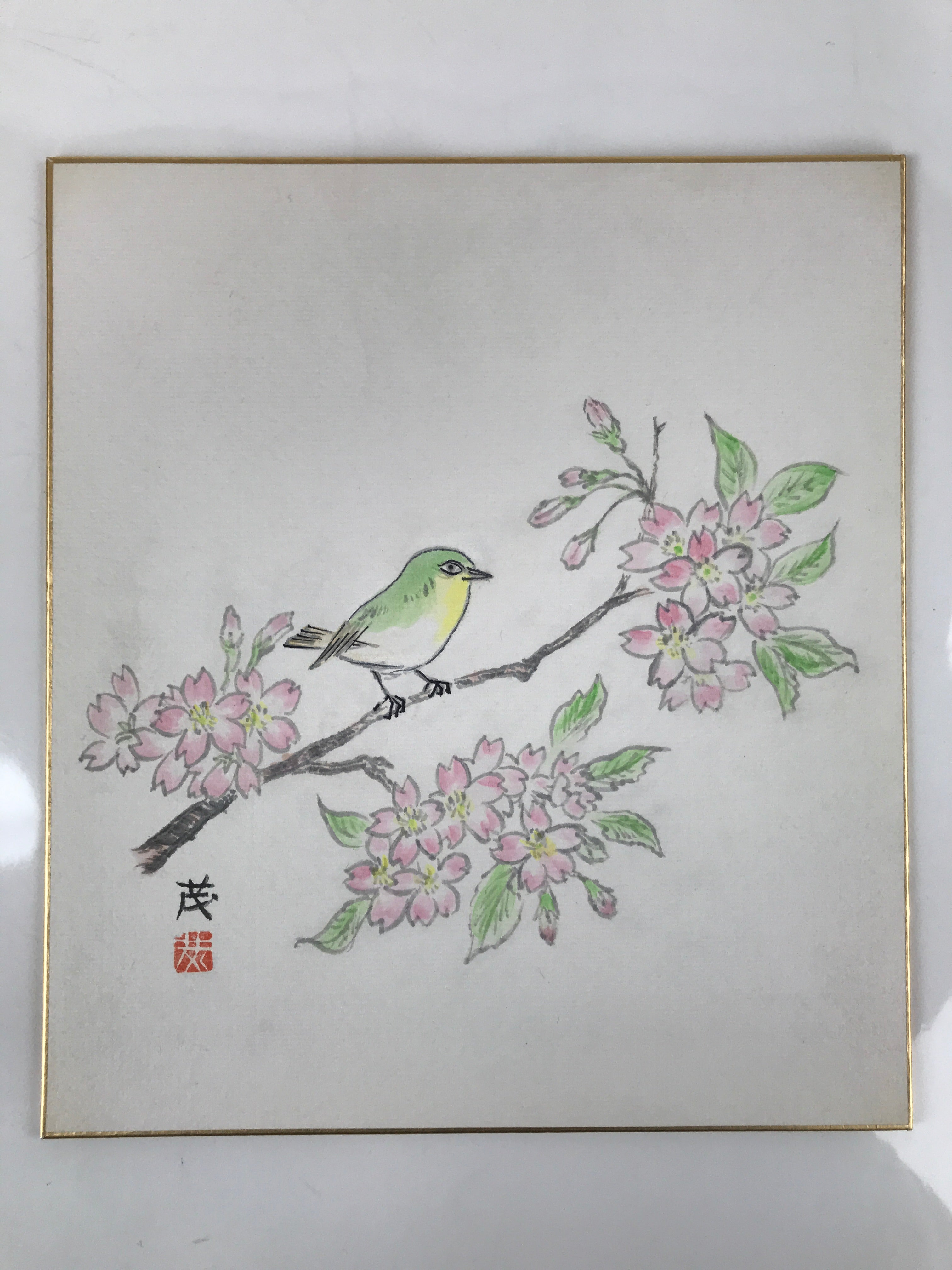 Japanese Shikishi Art Board Painting Vtg Green Bird Cherry Blossoms Sakura A656