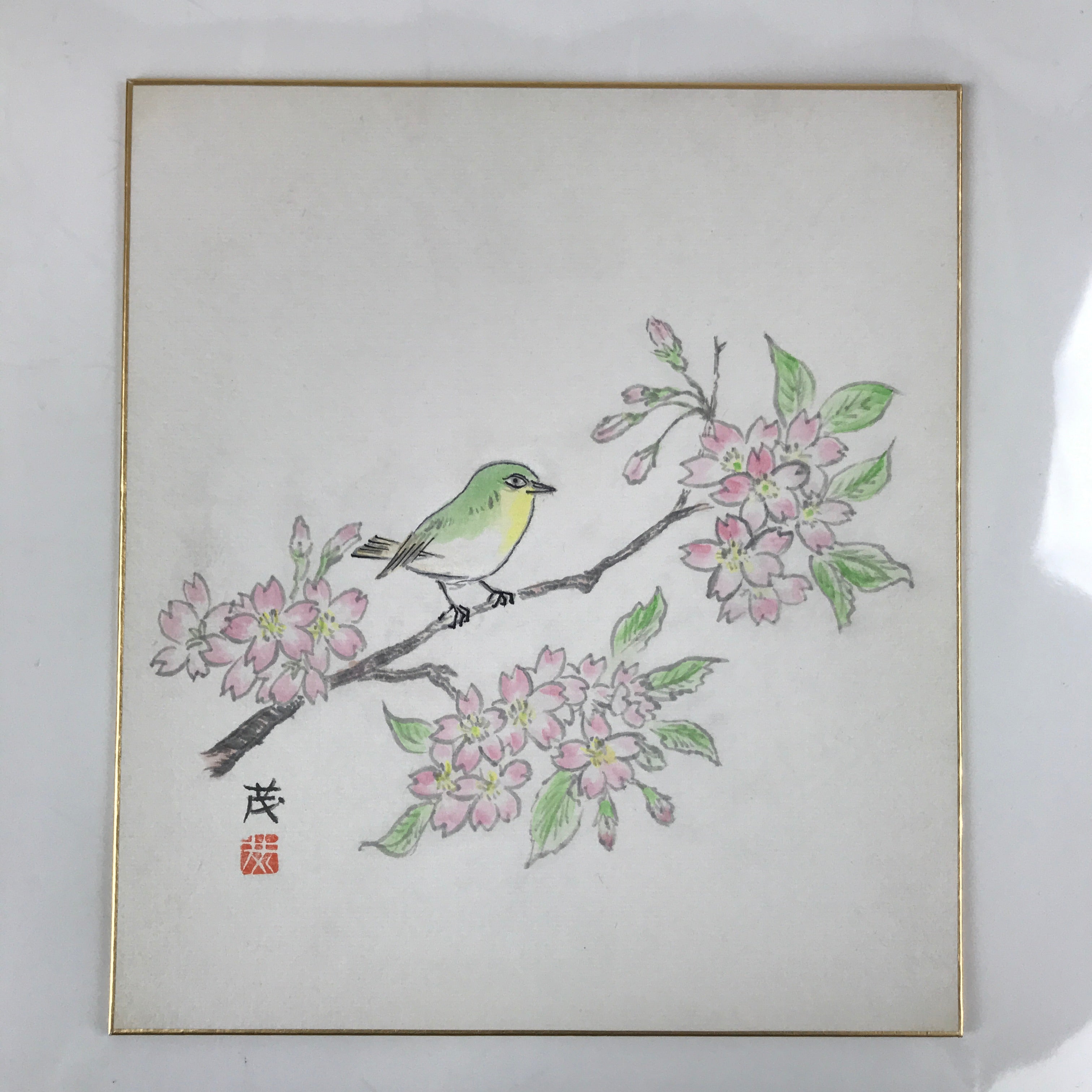 Japanese Shikishi Art Board Painting Vtg Green Bird Cherry Blossoms Sakura A656