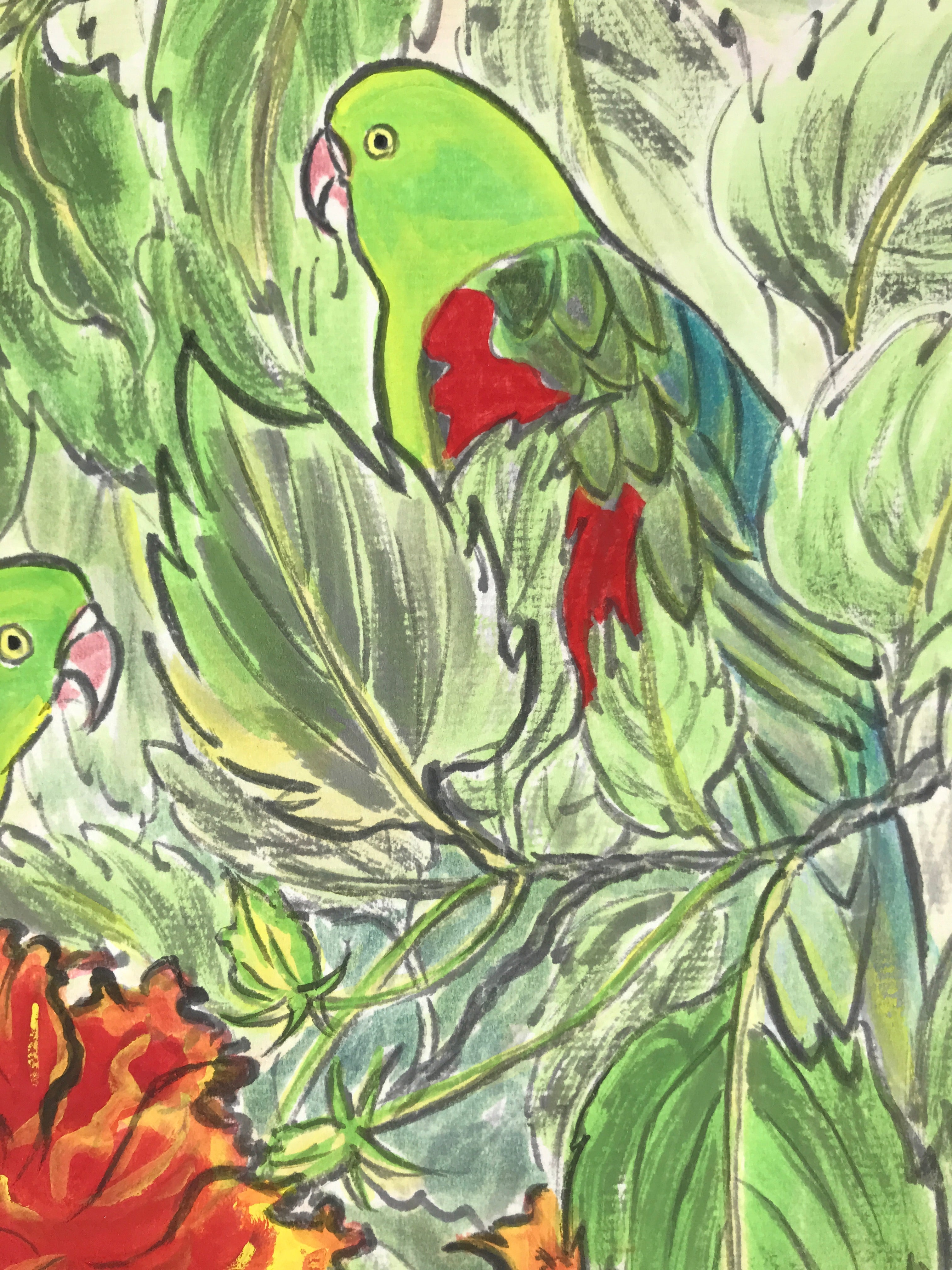 Japanese Shikishi Art Board Painting Vtg Green Parakeet Parrot Red Hibiscus A655
