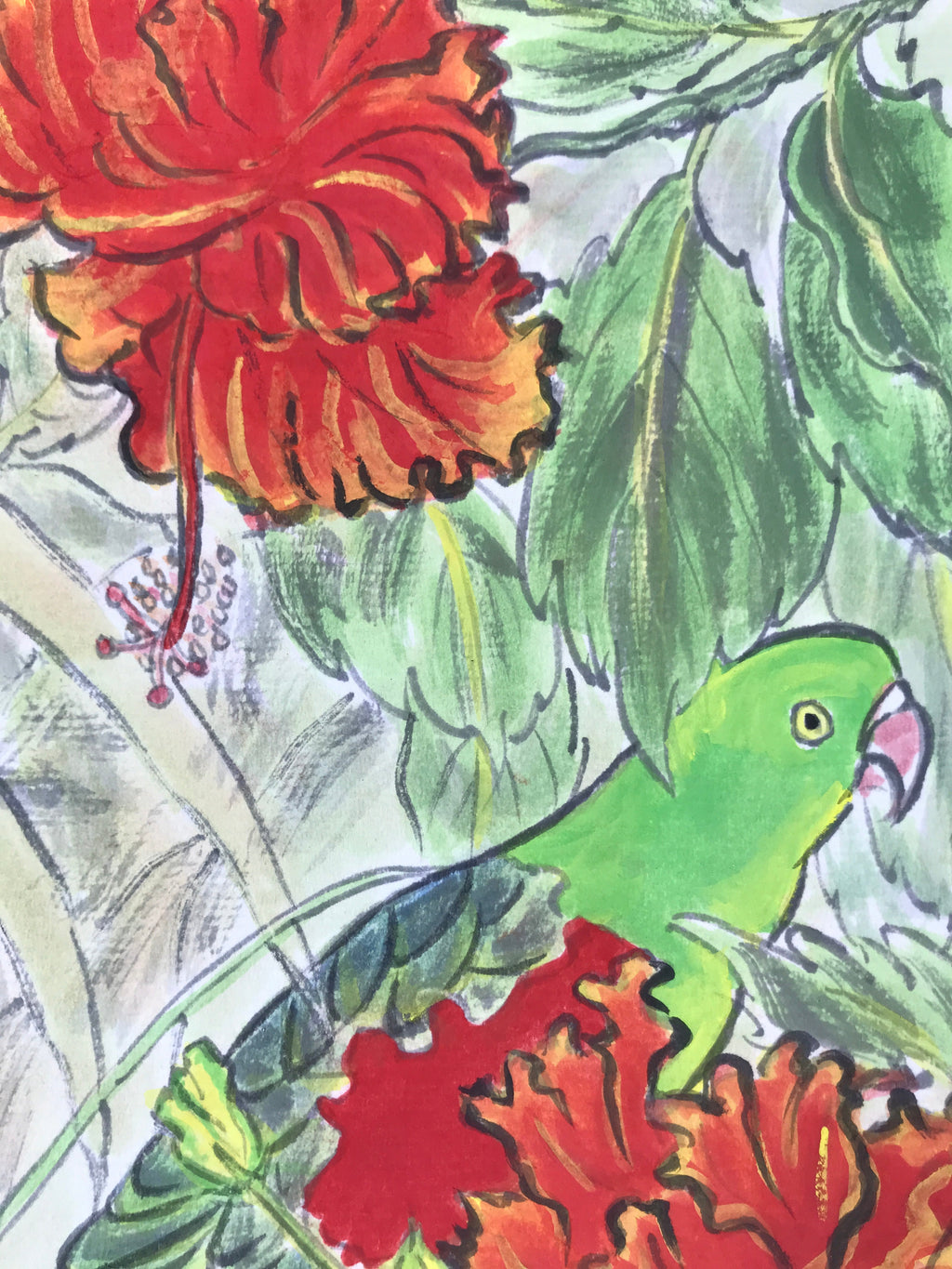 Japanese Shikishi Art Board Painting Vtg Green Parakeet Parrot Red Hibiscus A655