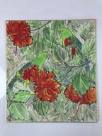Japanese Shikishi Art Board Painting Vtg Green Parakeet Parrot Red Hibiscus A655
