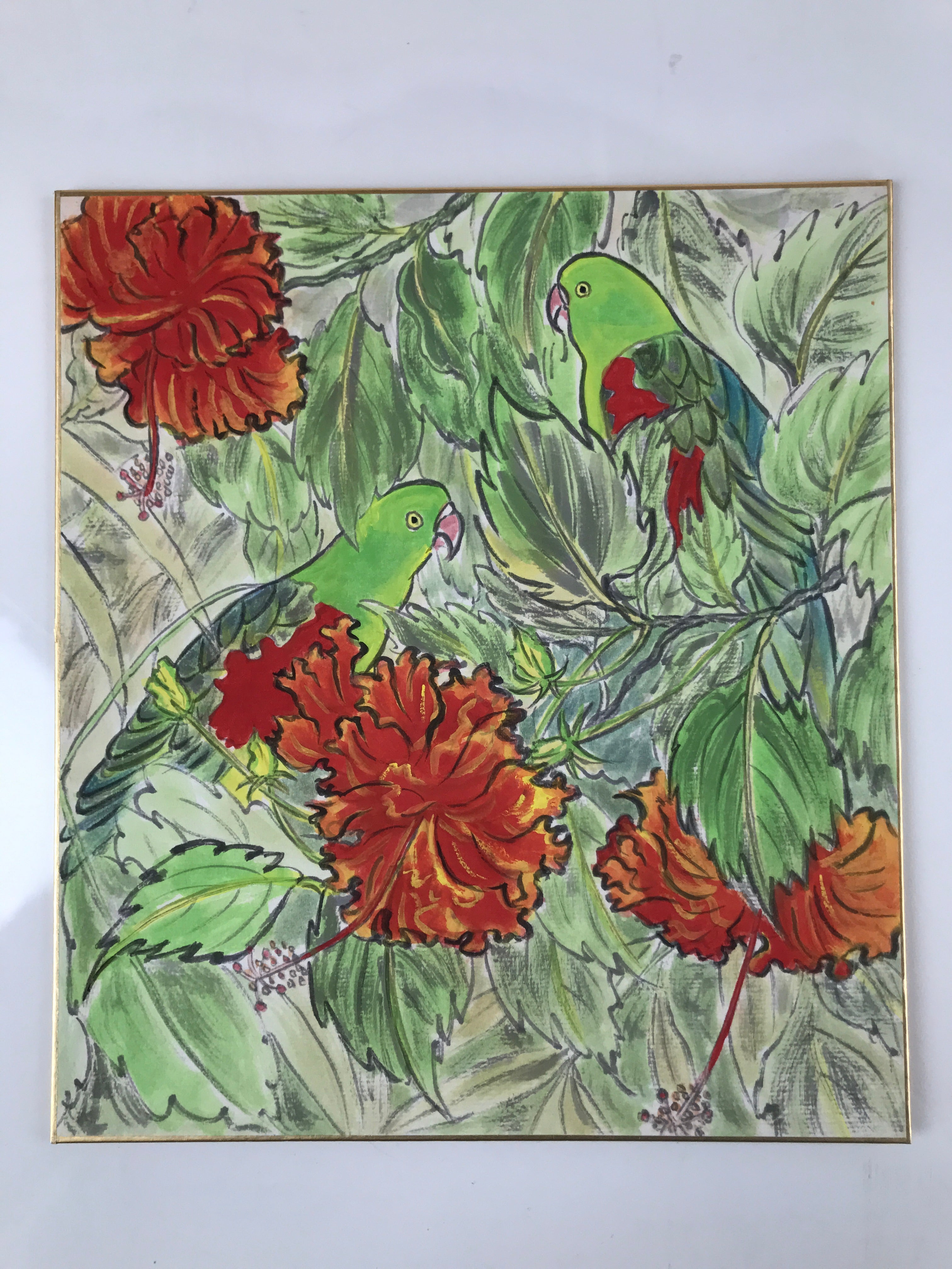 Japanese Shikishi Art Board Painting Vtg Green Parakeet Parrot Red Hibiscus A655