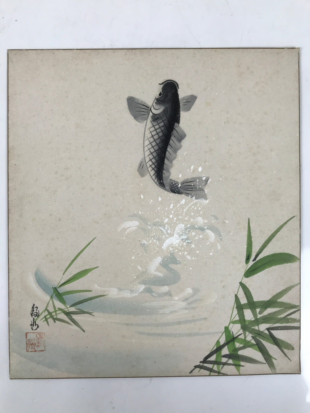Japanese Shikishi Art Board Painting Vtg Jumping Carp Fish River Black A688