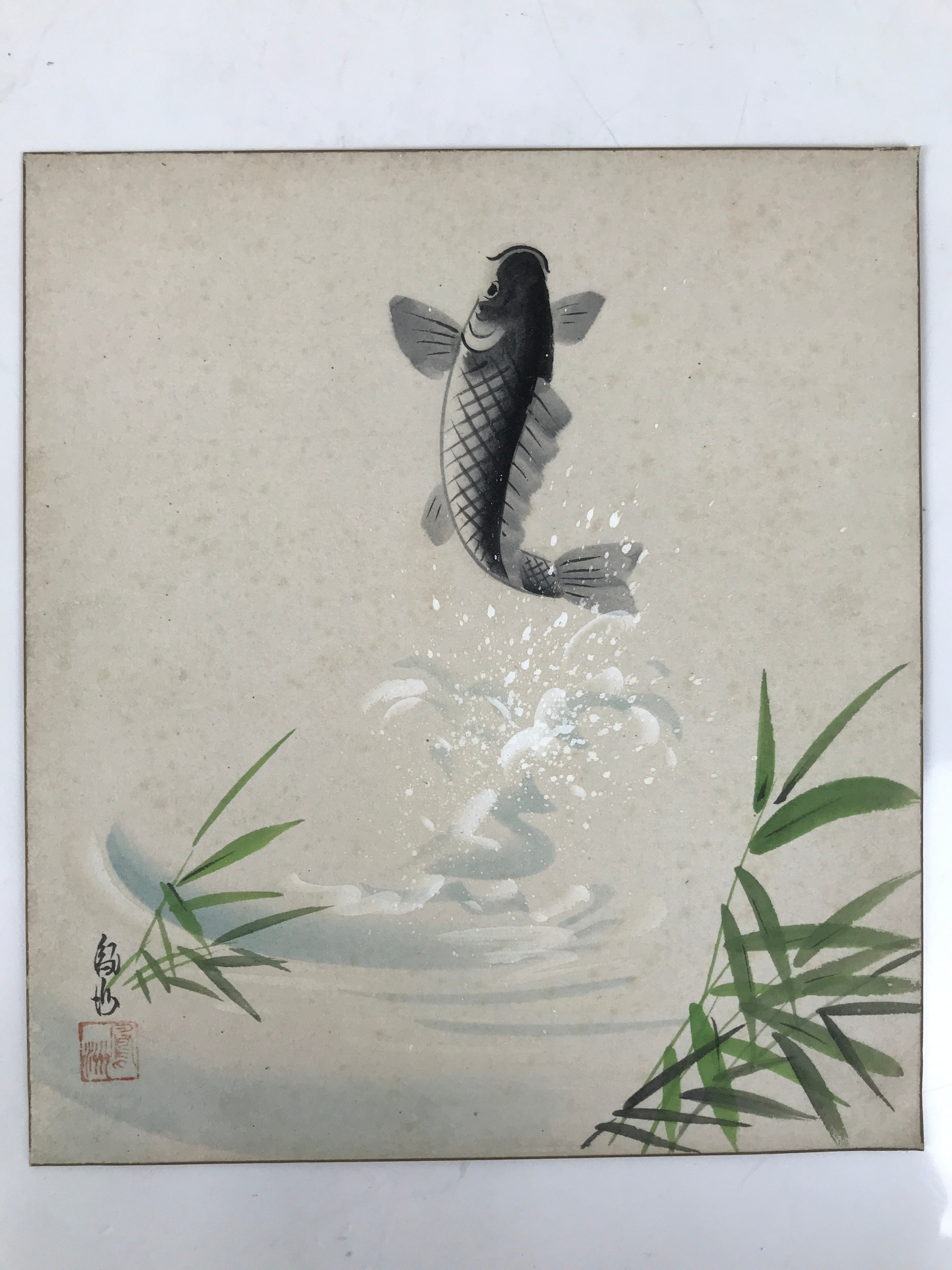 Japanese Shikishi Art Board Painting Vtg Jumping Carp Fish River Black A688