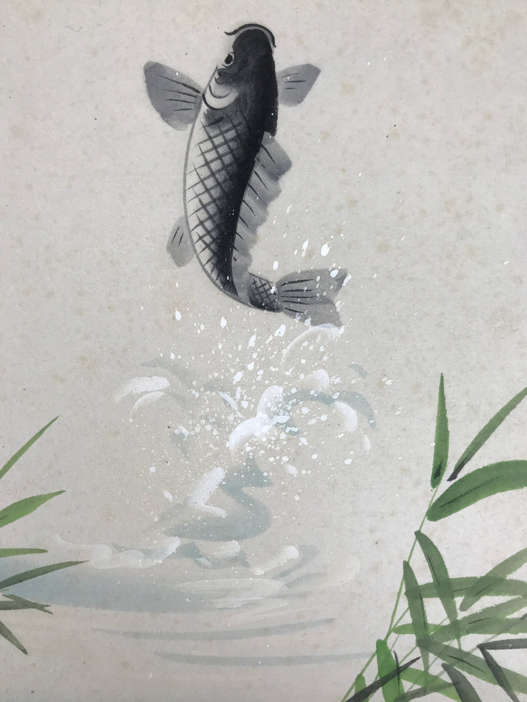 Japanese Shikishi Art Board Painting Vtg Jumping Carp Fish River Black A688
