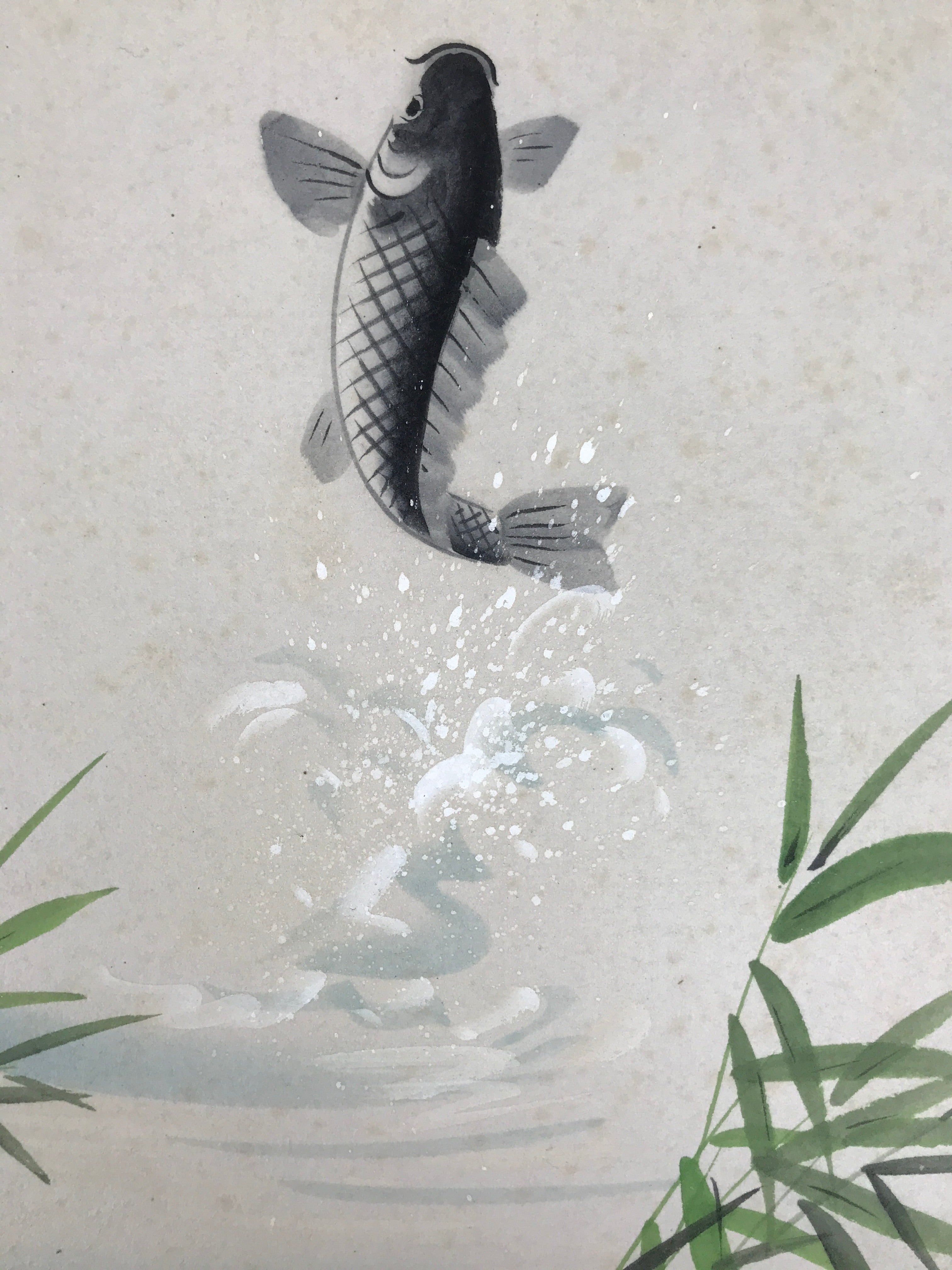 Japanese Shikishi Art Board Painting Vtg Jumping Carp Fish River Black A688