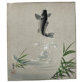 Japanese Shikishi Art Board Painting Vtg Jumping Carp Fish River Black A688
