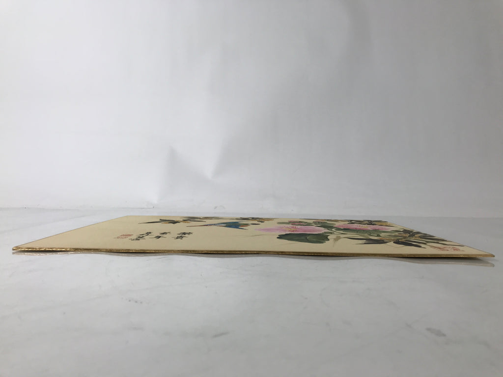 Japanese Shikishi Art Board Painting Vtg Kingfisher Bird Flowers Pink FL380