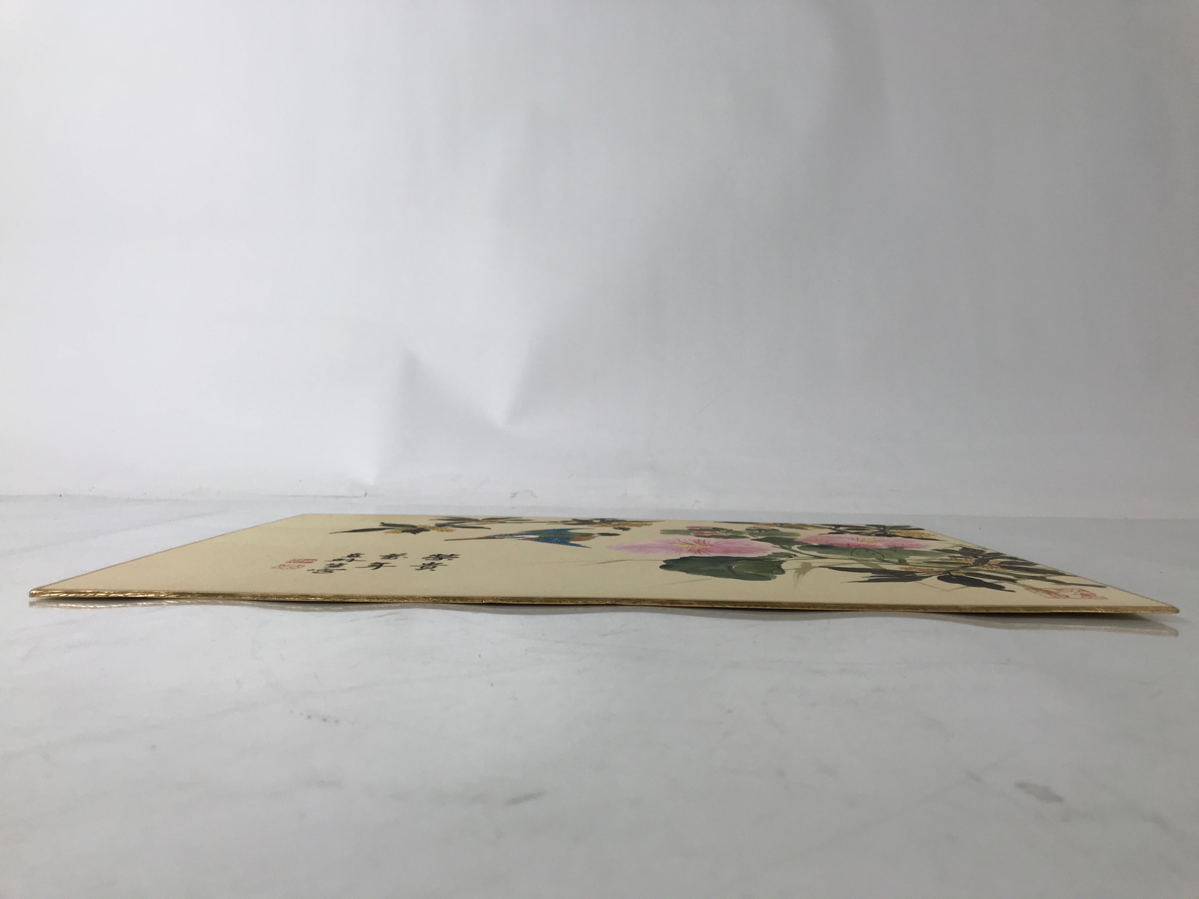 Japanese Shikishi Art Board Painting Vtg Kingfisher Bird Flowers Pink FL380