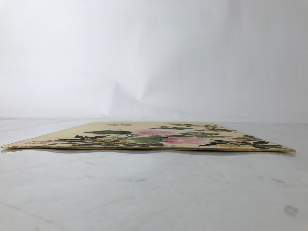 Japanese Shikishi Art Board Painting Vtg Kingfisher Bird Flowers Pink FL380