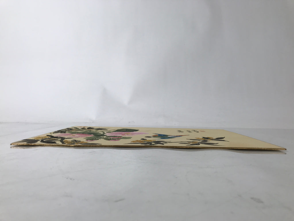Japanese Shikishi Art Board Painting Vtg Kingfisher Bird Flowers Pink FL380