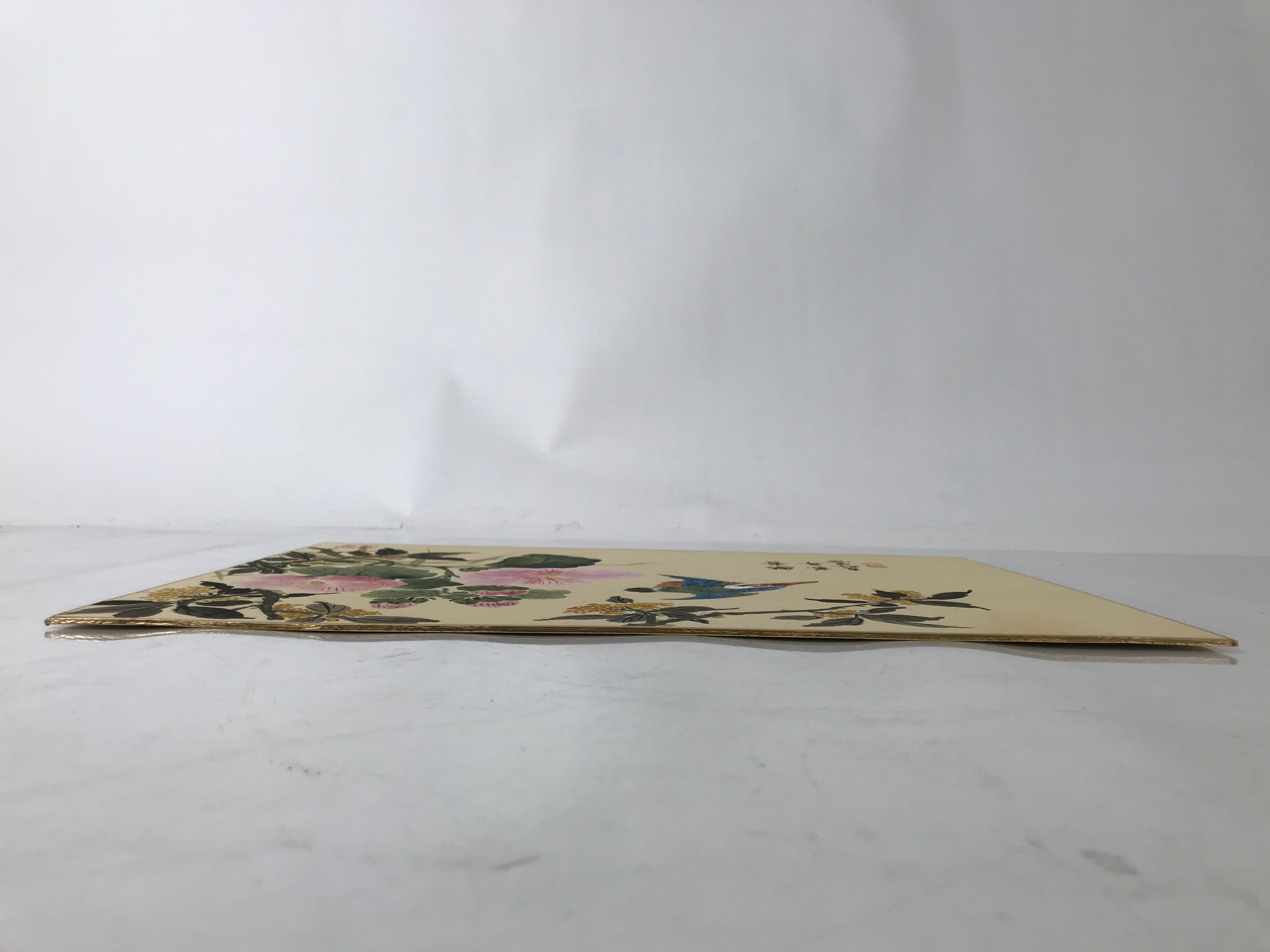 Japanese Shikishi Art Board Painting Vtg Kingfisher Bird Flowers Pink FL380
