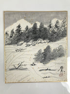 Japanese Shikishi Art Board Painting Vtg Landscape Mountains Houses Black A756