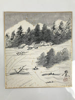 Japanese Shikishi Art Board Painting Vtg Landscape Mountains Houses Black A756