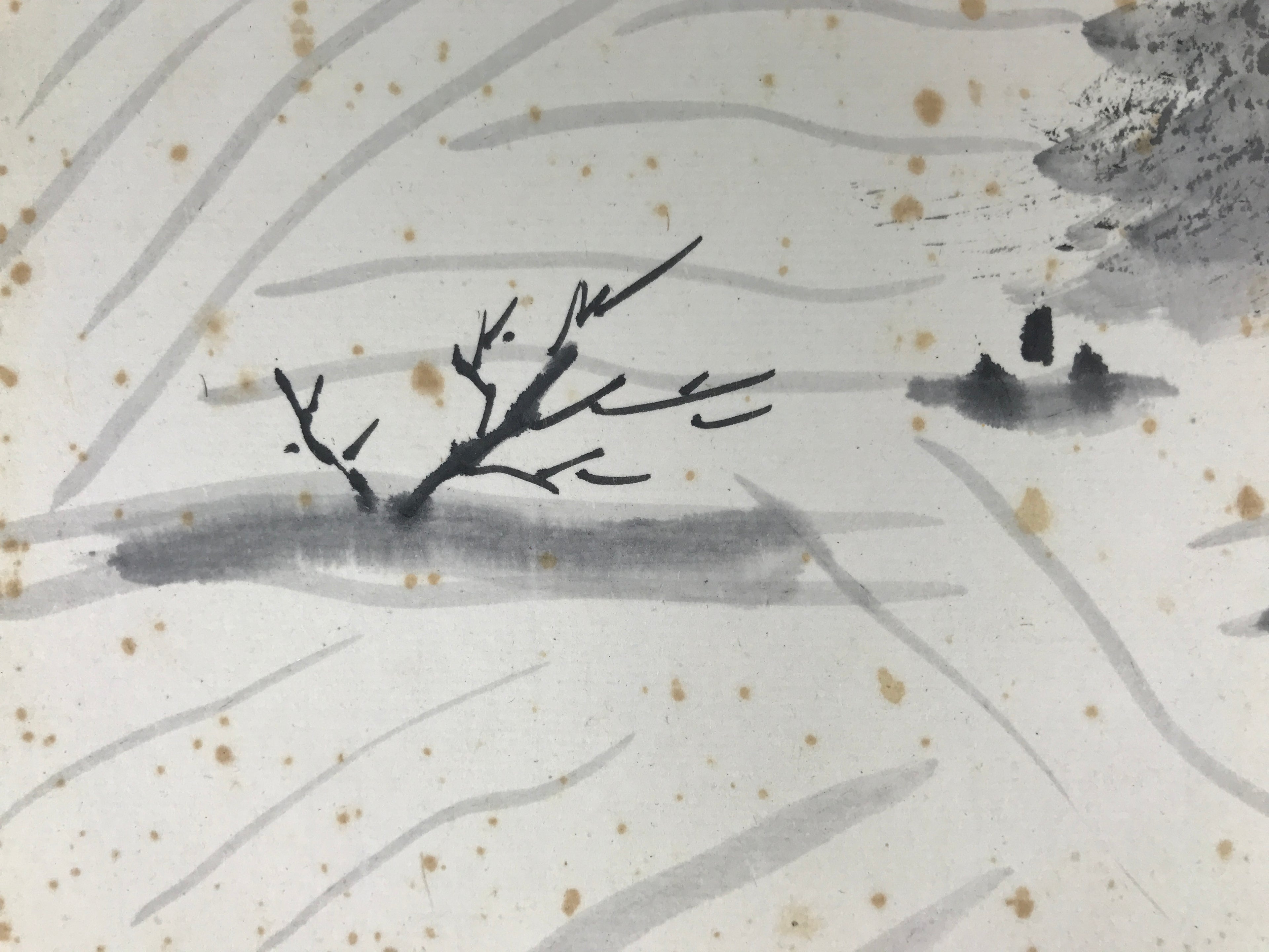 Japanese Shikishi Art Board Painting Vtg Landscape Mountains Houses Black A756
