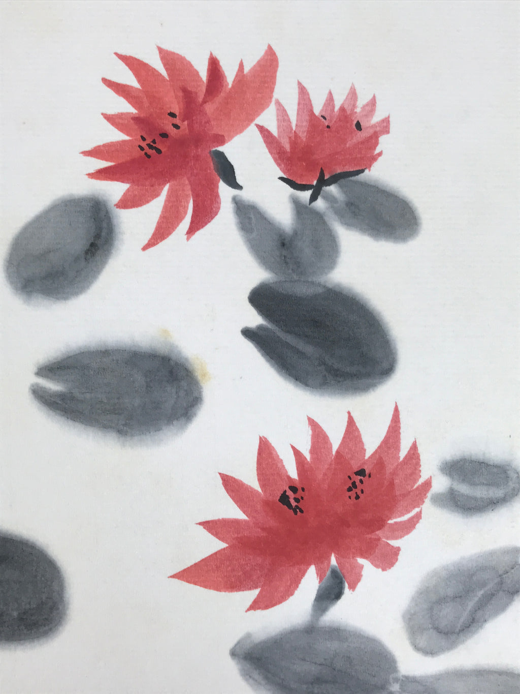 Japanese Shikishi Art Board Painting Vtg Lotus Flower Red Leaf Black Blank A716