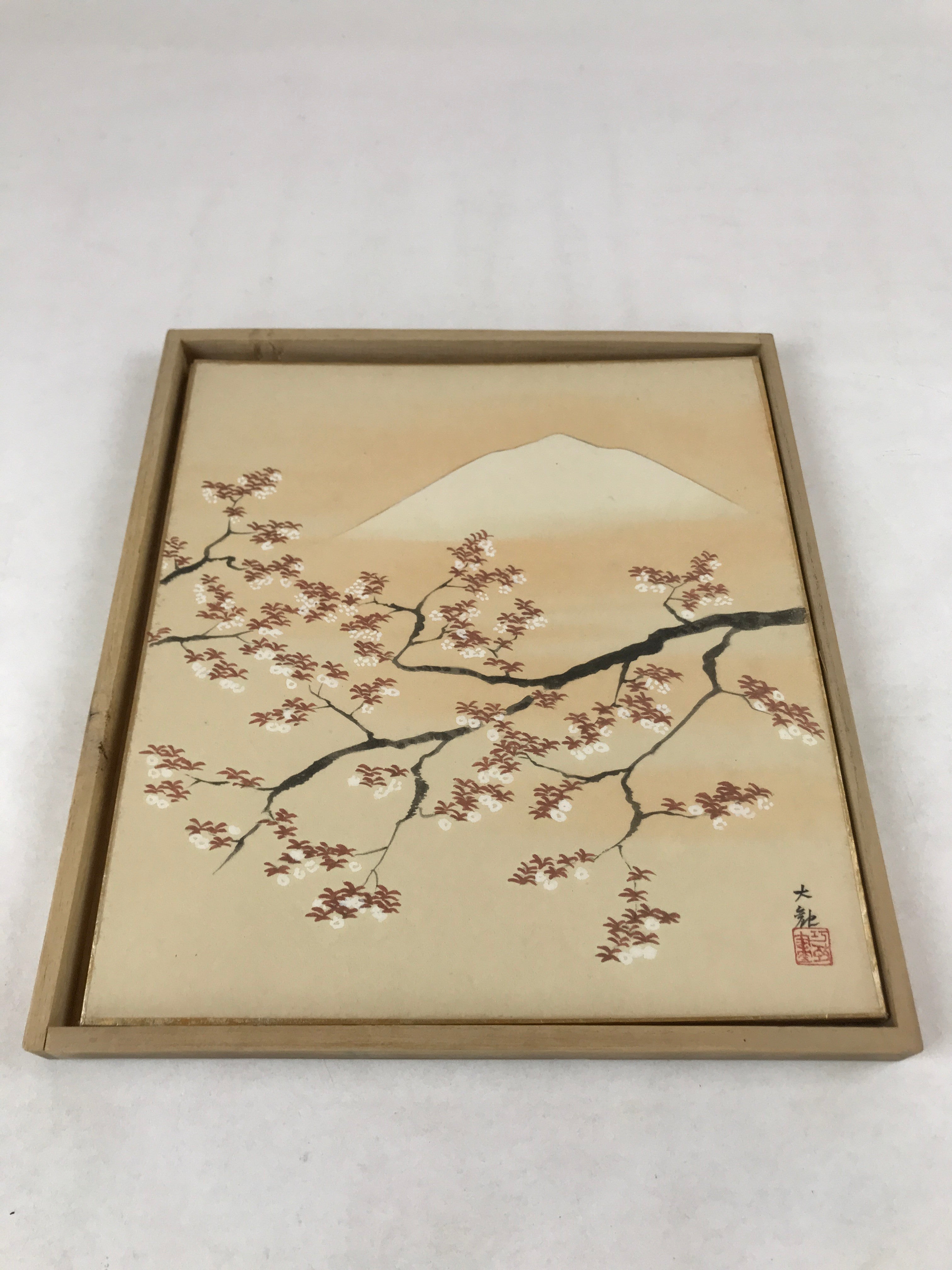 Japanese Shikishi Art Board Painting Vtg Mount Fuji 4 Seasons W/ Wooden Box A619