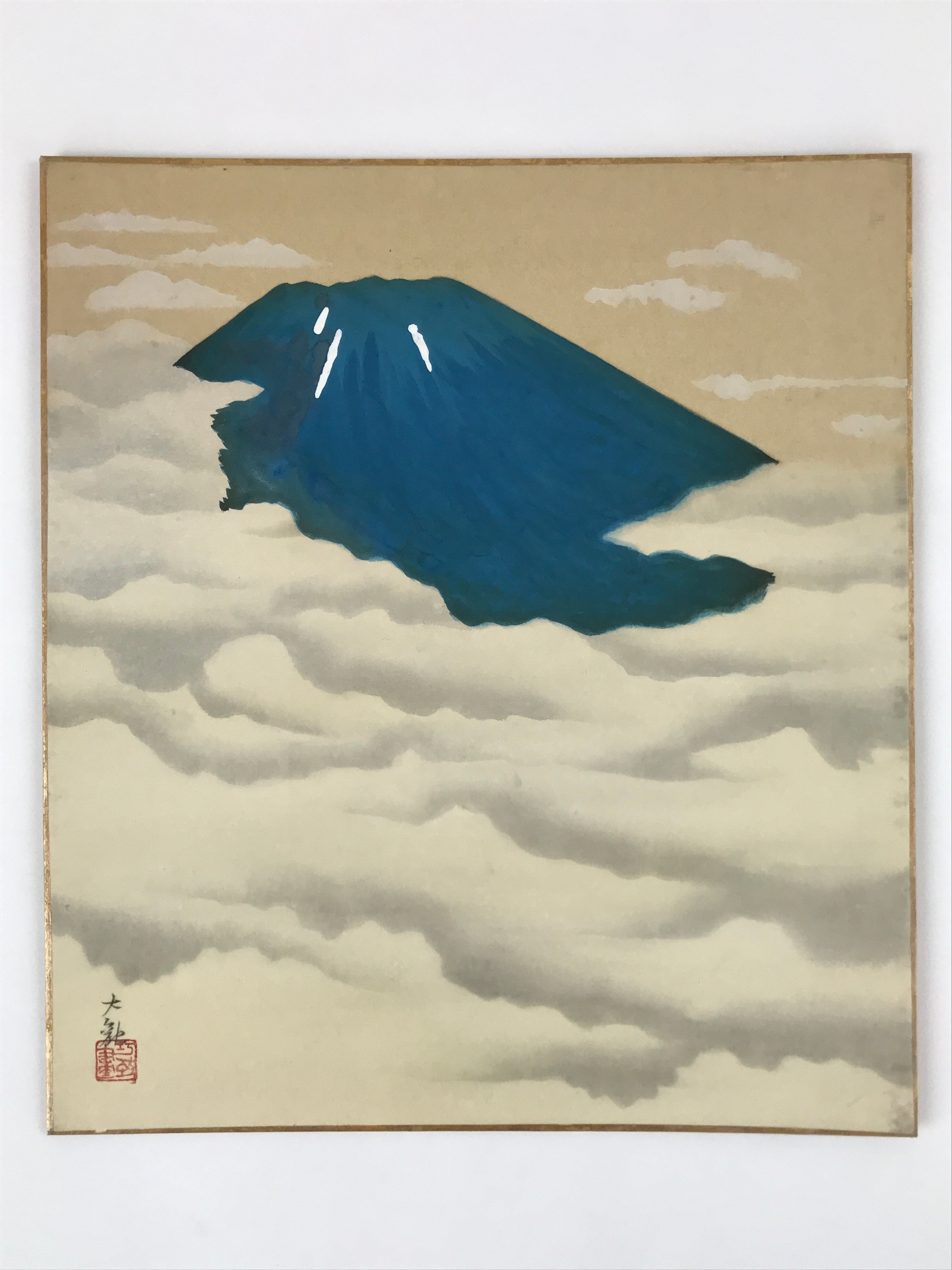 Japanese Shikishi Art Board Painting Vtg Mount Fuji 4 Seasons W/ Wooden Box A619