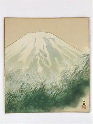 Japanese Shikishi Art Board Painting Vtg Mount Fuji 4 Seasons W/ Wooden Box A619