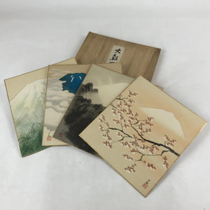 Japanese Shikishi Art Board Painting Vtg Mount Fuji 4 Seasons W/ Wooden Box A619