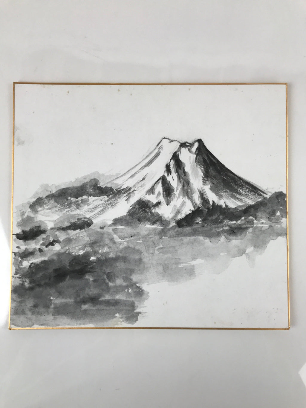 Japanese Shikishi Art Board Painting Vtg Mt. Fuji Landscape Black White A654