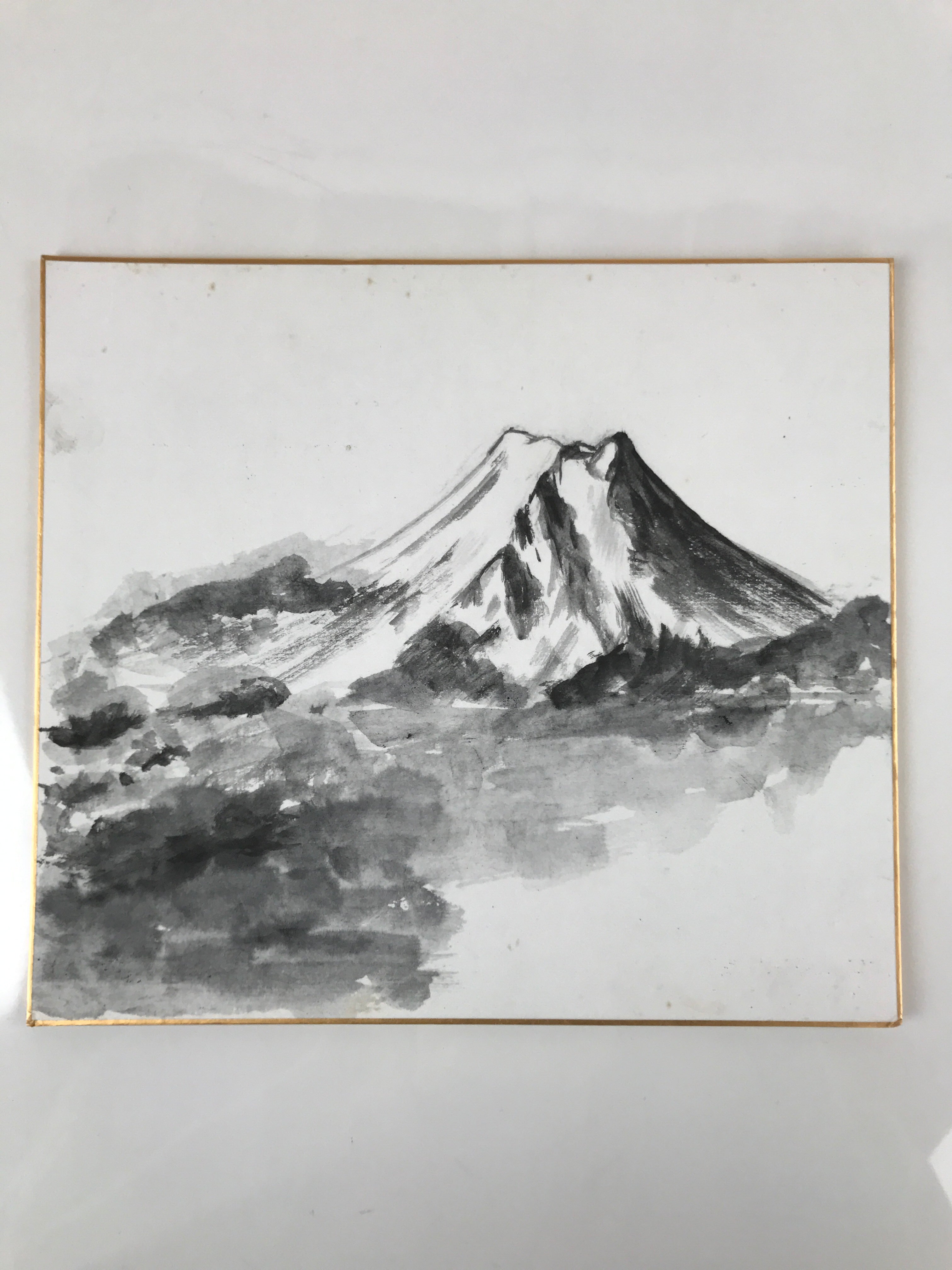 Japanese Shikishi Art Board Painting Vtg Mt. Fuji Landscape Black White A654