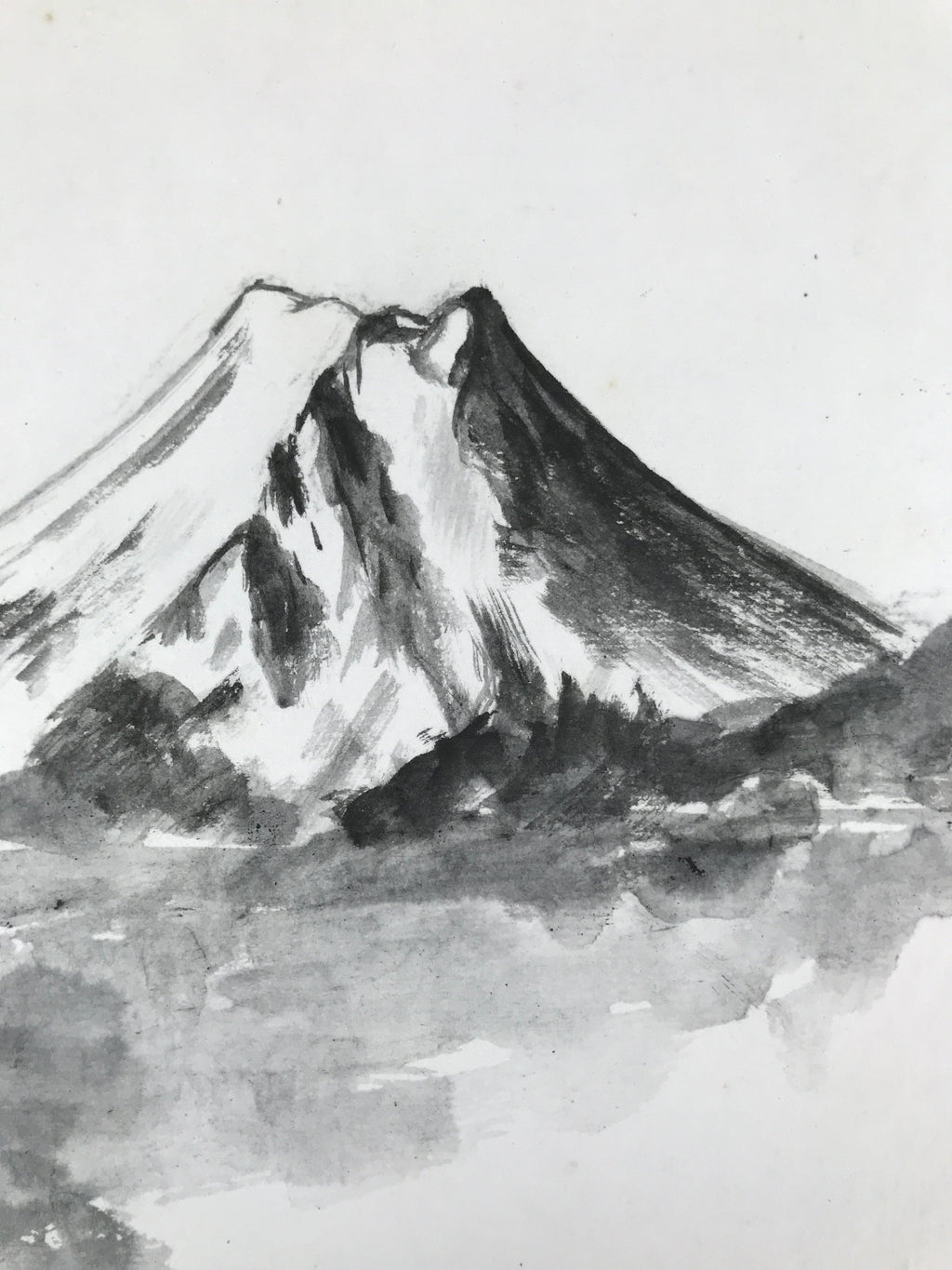 Japanese Shikishi Art Board Painting Vtg Mt. Fuji Landscape Black White A654