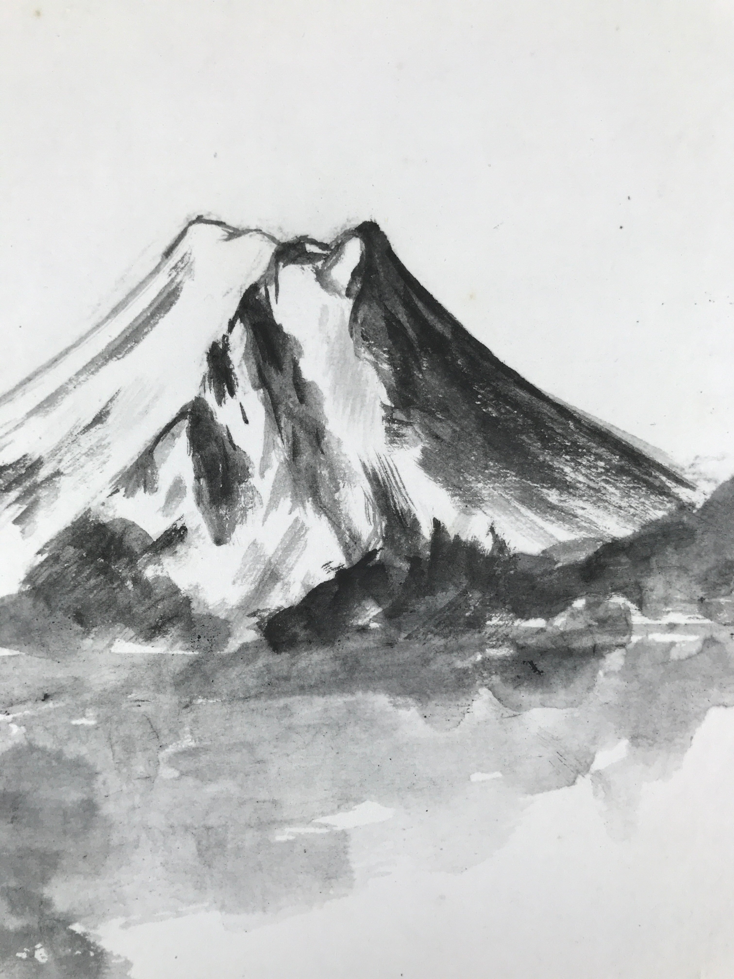 Japanese Shikishi Art Board Painting Vtg Mt. Fuji Landscape Black White A654