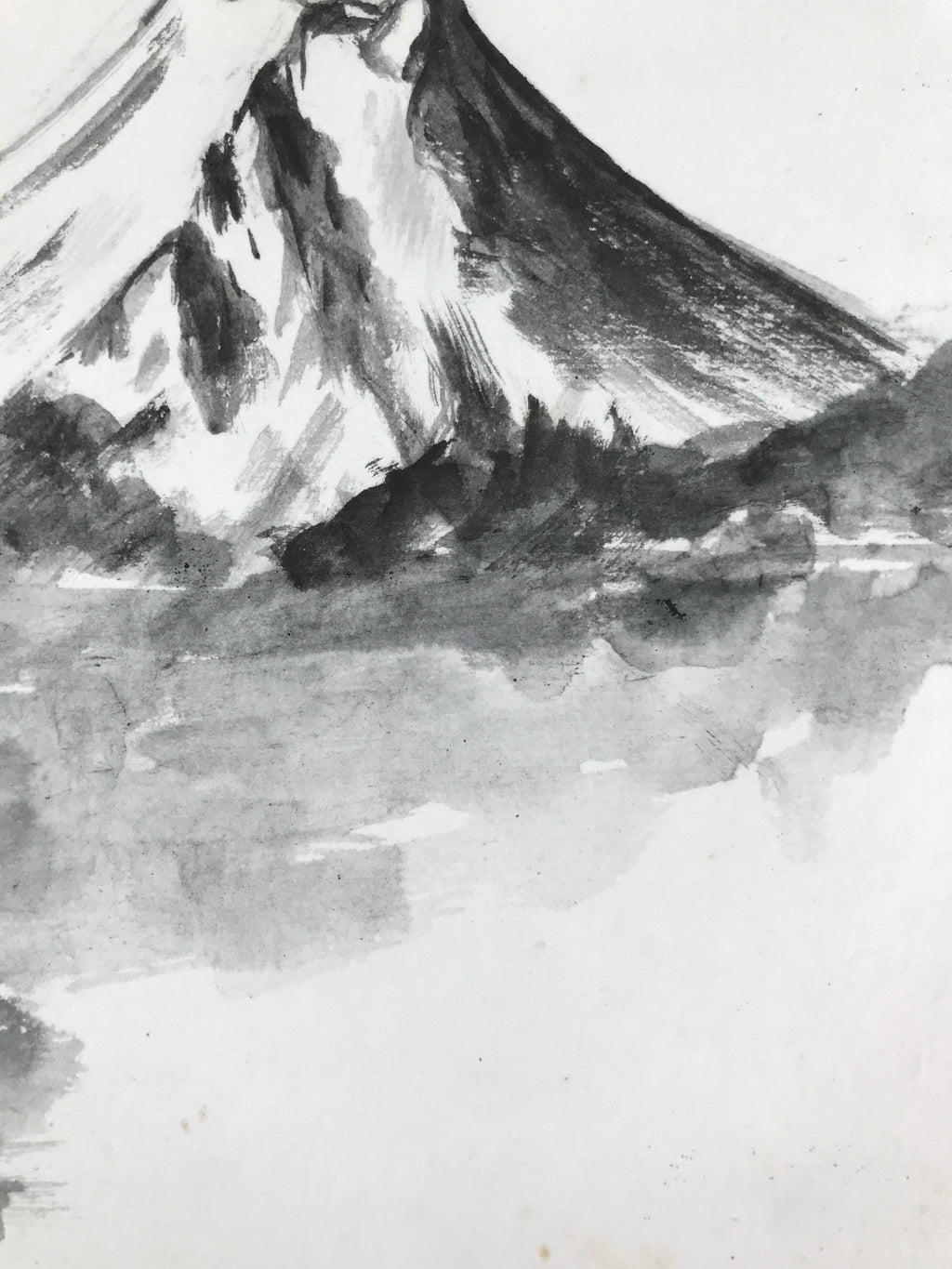 Japanese Shikishi Art Board Painting Vtg Mt. Fuji Landscape Black White A654
