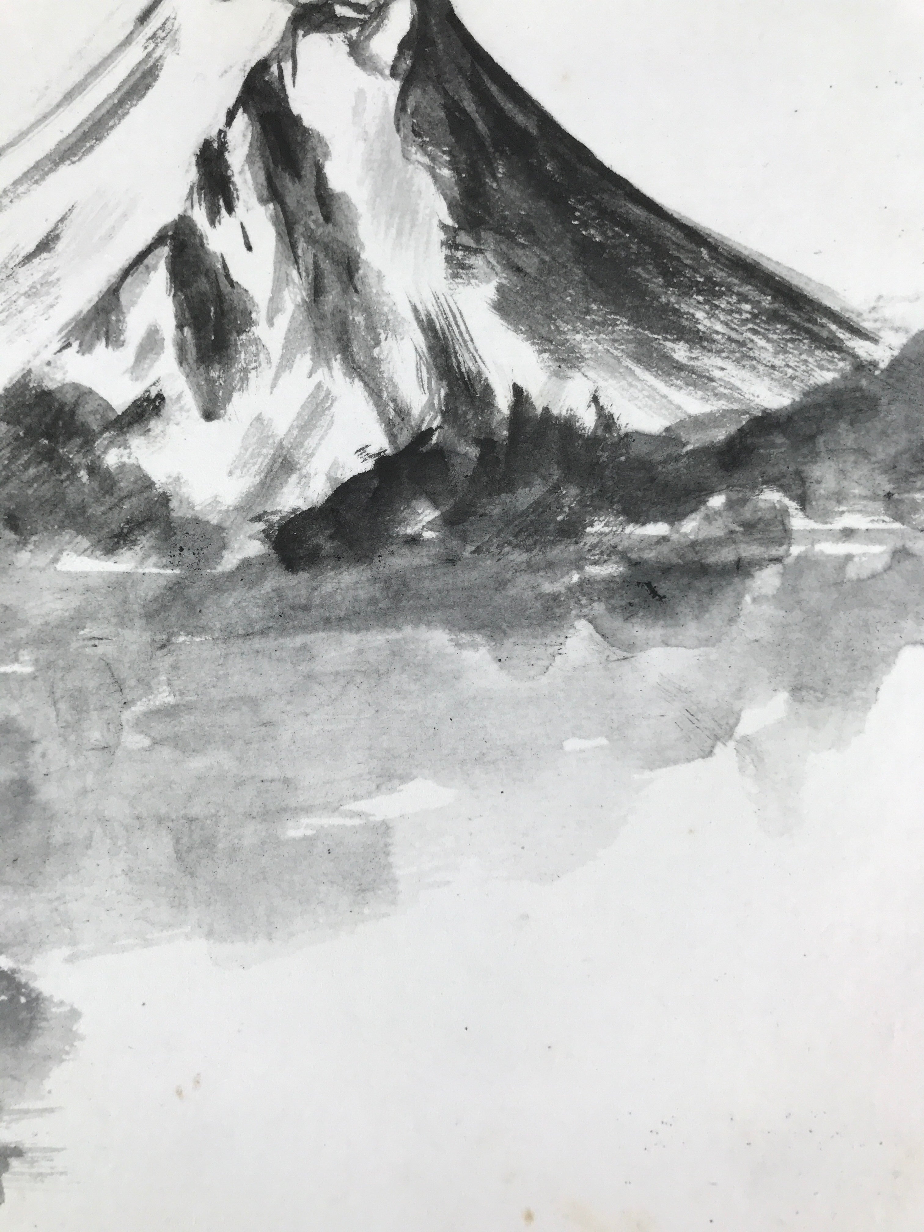 Japanese Shikishi Art Board Painting Vtg Mt. Fuji Landscape Black White A654