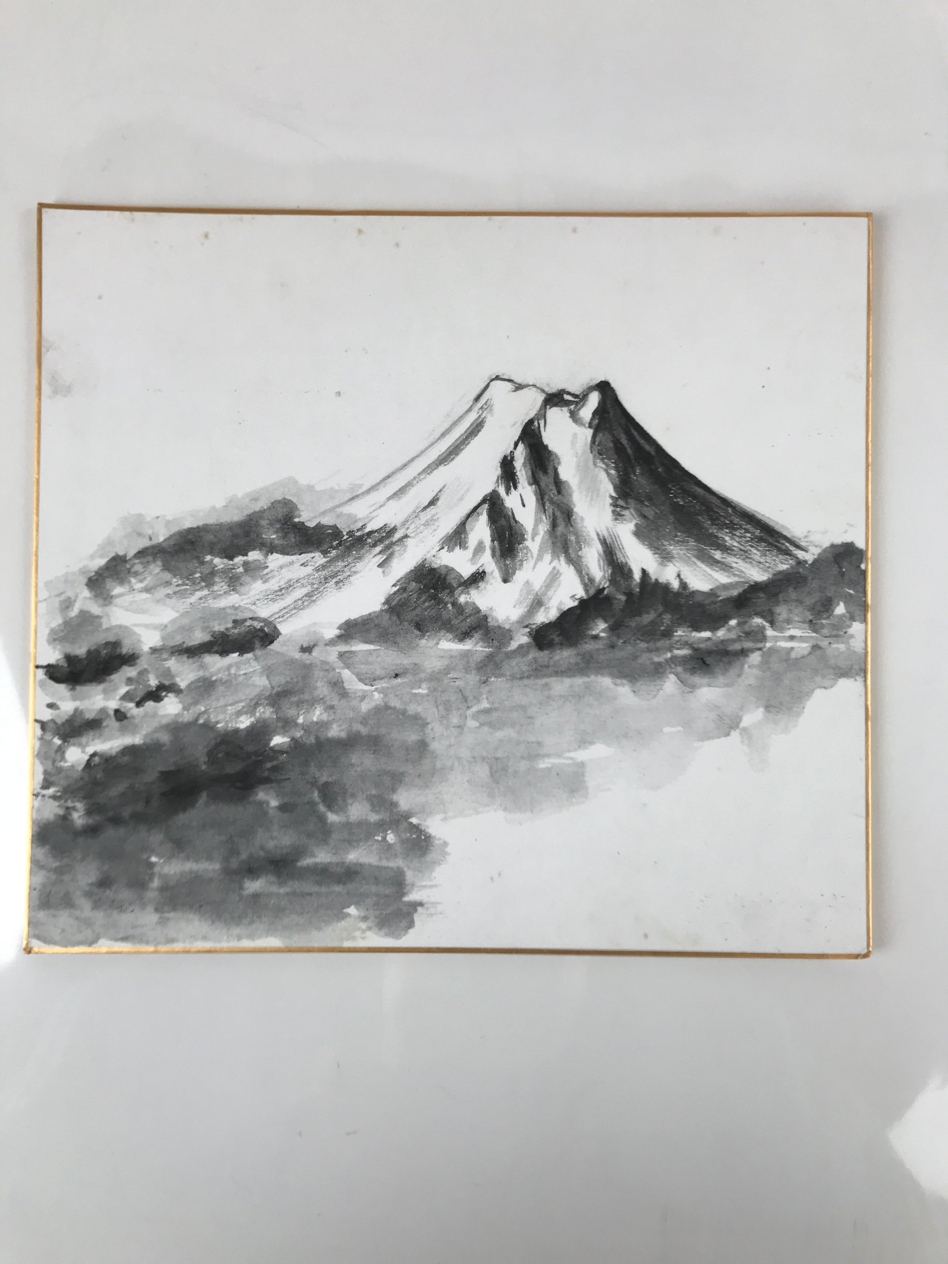 Japanese Shikishi Art Board Painting Vtg Mt. Fuji Landscape Black White A654