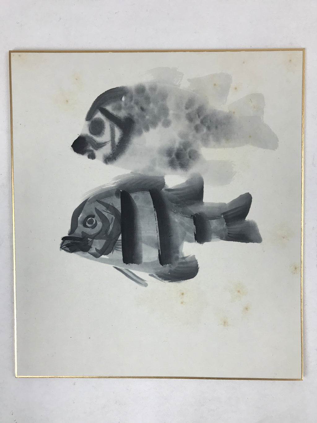 Japanese Shikishi Art Board Painting Vtg Ocean Striped Fish Black White A561