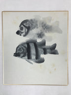 Japanese Shikishi Art Board Painting Vtg Ocean Striped Fish Black White A561