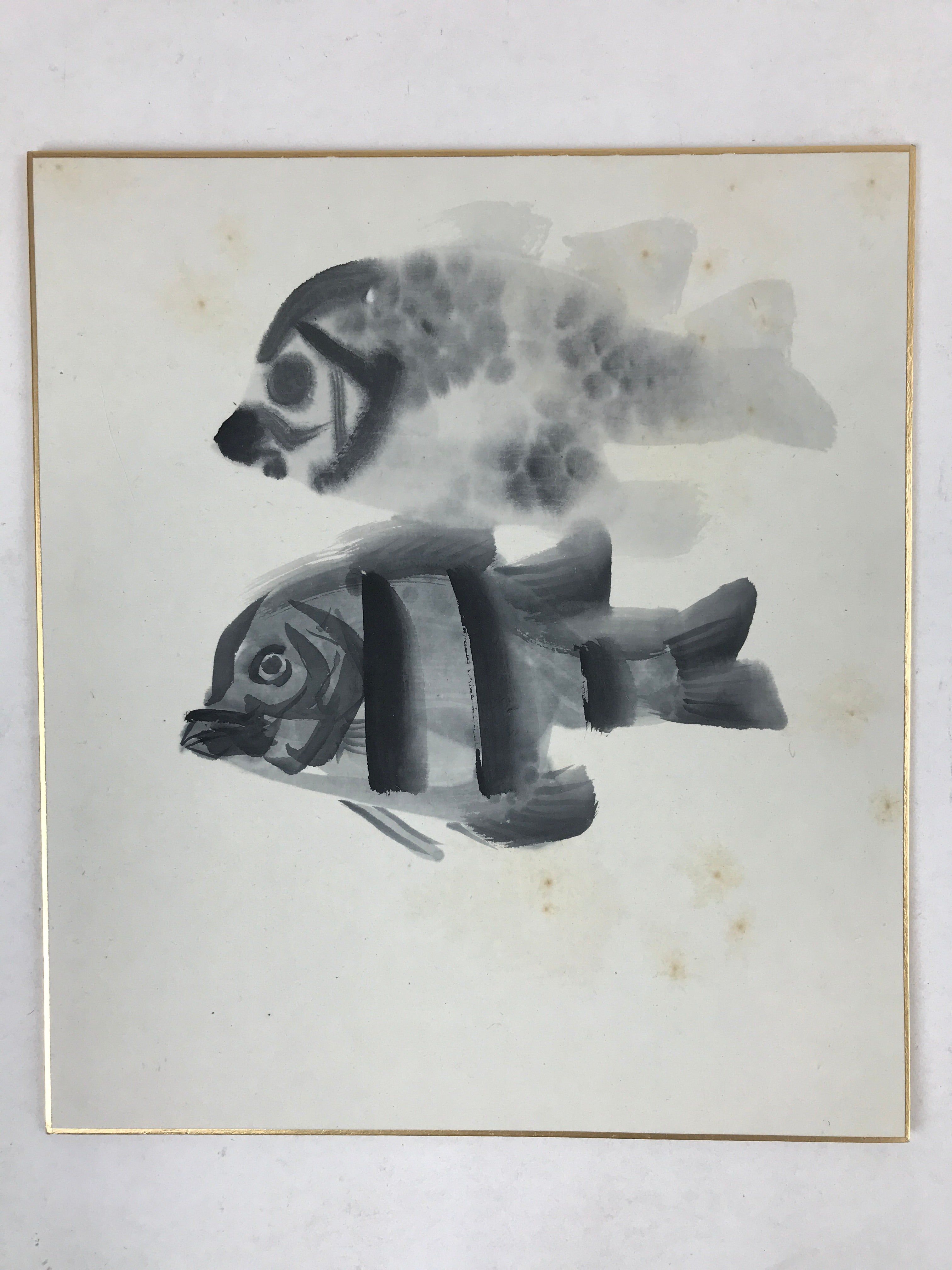 Japanese Shikishi Art Board Painting Vtg Ocean Striped Fish Black White A561