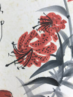 Japanese Shikishi Art Board Painting Vtg Oniyuri Lily Flower Red Black Dot A710
