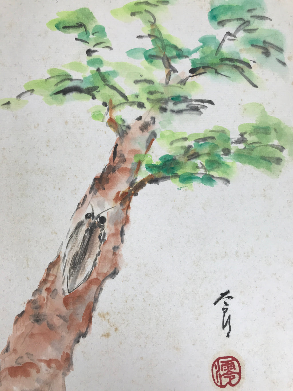 Japanese Shikishi Art Board Painting Vtg Pine Tree Cicada Summer Green A726