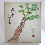 Japanese Shikishi Art Board Painting Vtg Pine Tree Cicada Summer Green A726