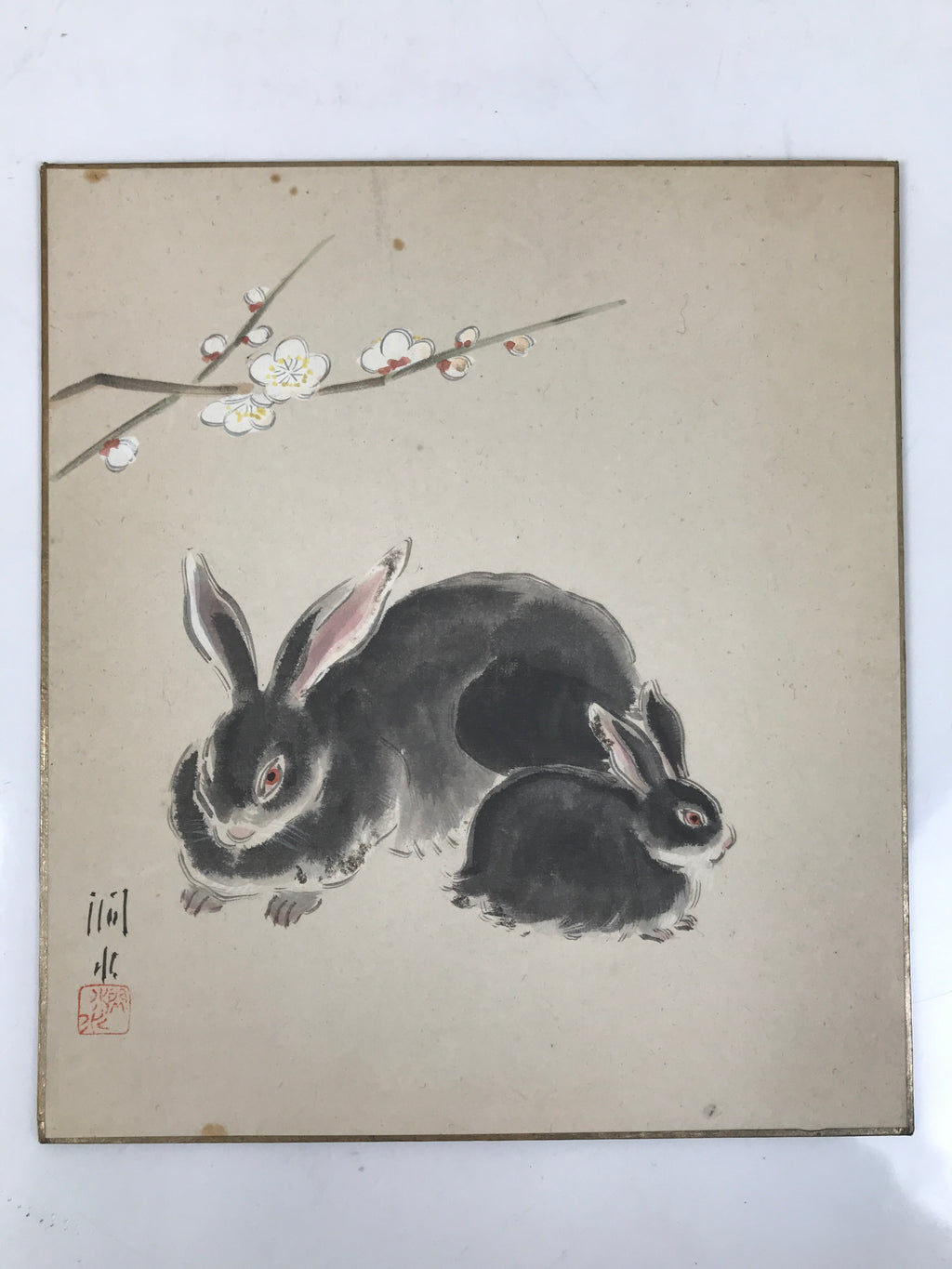 Japanese Shikishi Art Board Painting Vtg Rabbit Eto Zodiac Plum Flower A689