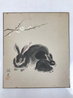 Japanese Shikishi Art Board Painting Vtg Rabbit Eto Zodiac Plum Flower A689