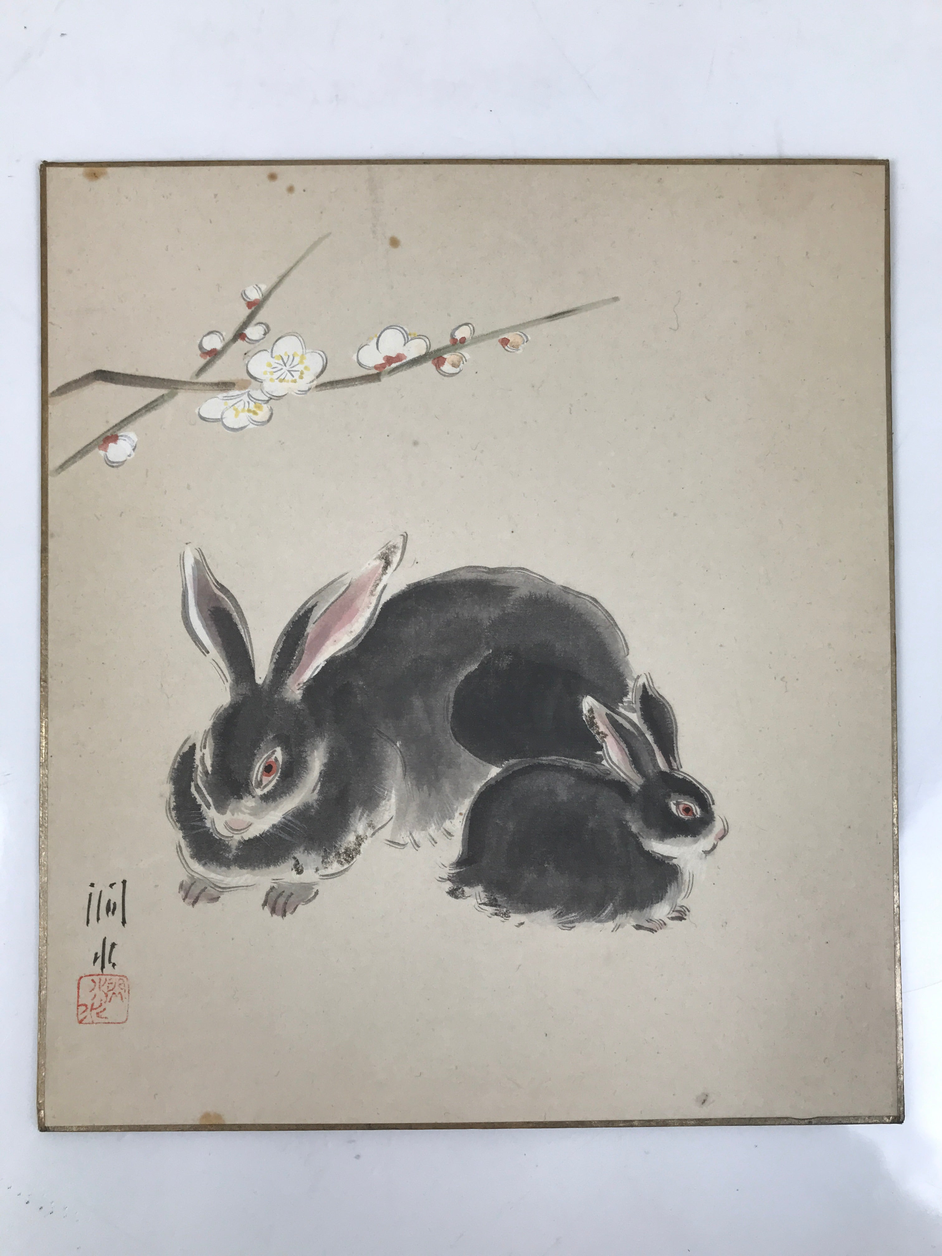Japanese Shikishi Art Board Painting Vtg Rabbit Eto Zodiac Plum Flower A689