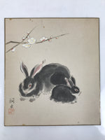 Japanese Shikishi Art Board Painting Vtg Rabbit Eto Zodiac Plum Flower A689