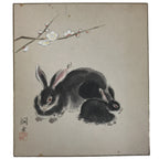 Japanese Shikishi Art Board Painting Vtg Rabbit Eto Zodiac Plum Flower A689