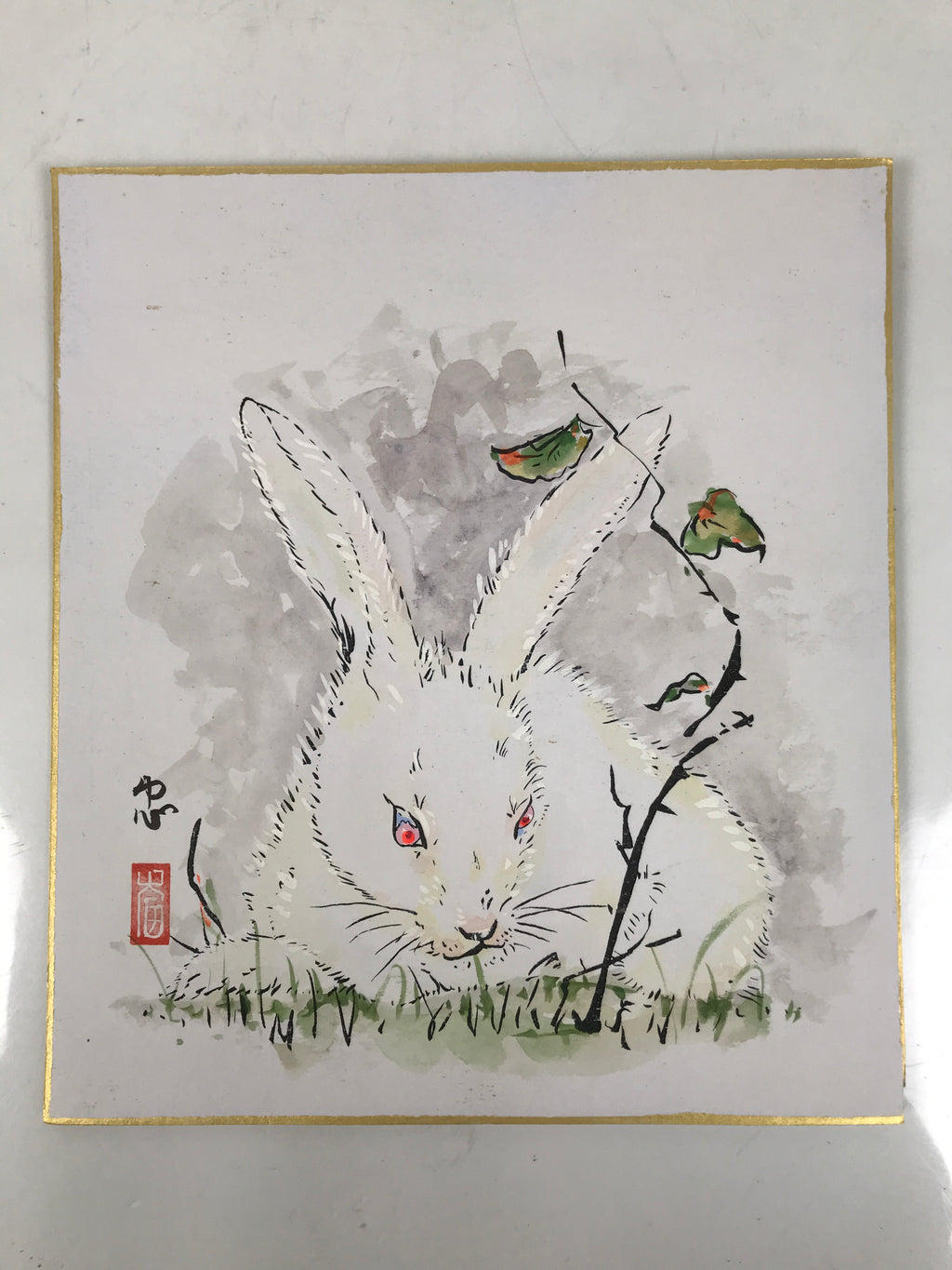 Japanese Shikishi Art Board Painting Vtg Rabbit Eto Zodiac White Red A697
