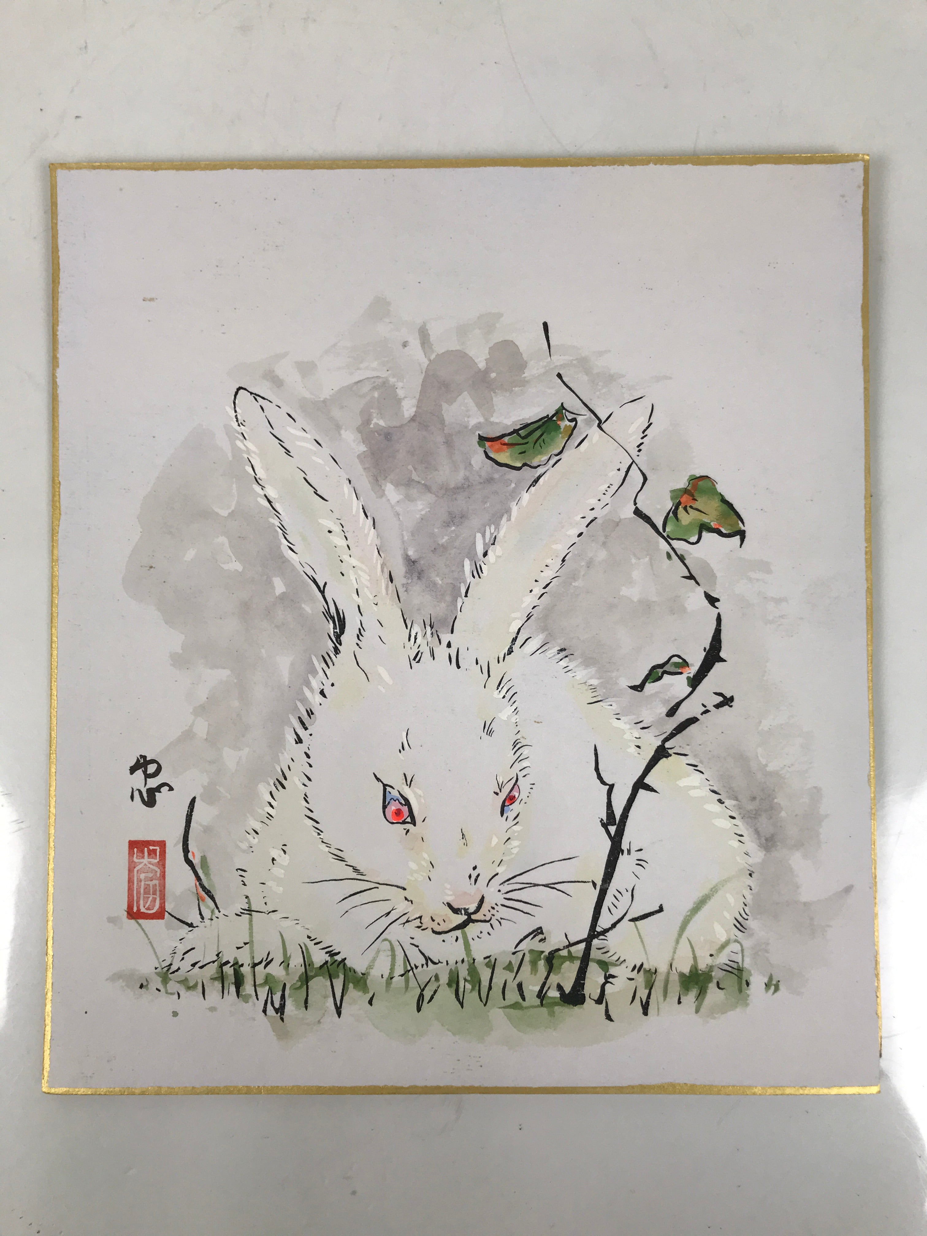 Japanese Shikishi Art Board Painting Vtg Rabbit Eto Zodiac White Red A697