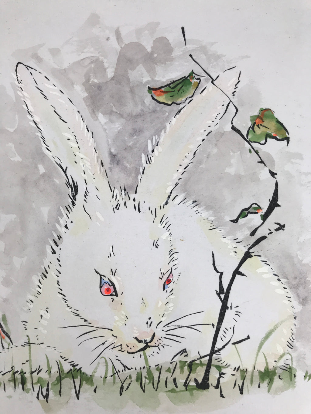 Japanese Shikishi Art Board Painting Vtg Rabbit Eto Zodiac White Red A697