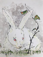 Japanese Shikishi Art Board Painting Vtg Rabbit Eto Zodiac White Red A697